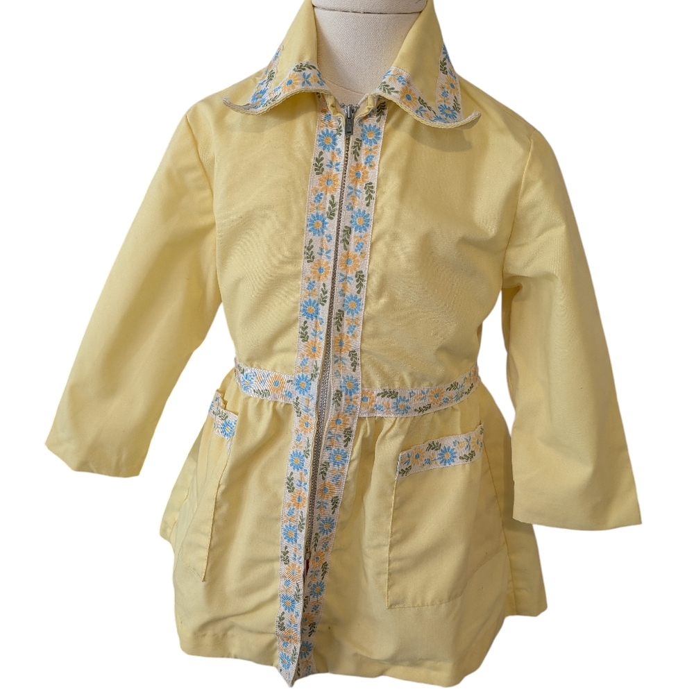 60s 70s Vintage Girls Yellow Floral Trim Jacket Size‎ Medium MCM Groovy Rare - Picture 3 of 8